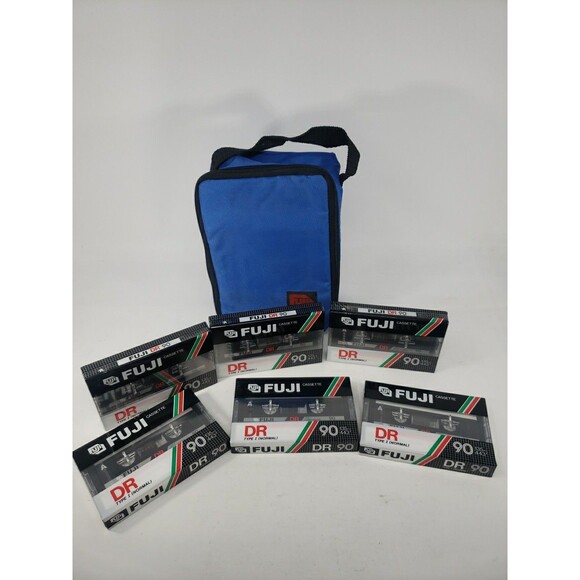 Vintage Fuji DR90 Cassette Tapes SIX NEW Sealed with Zippered Case Bag Blue - Picture 1 of 14